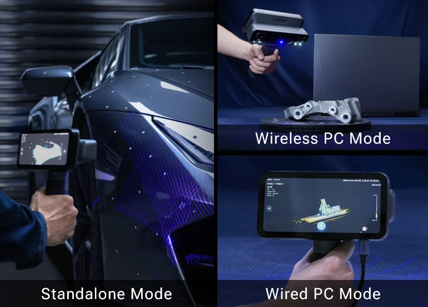The EinScan Rigil shown in Standalone, Wireless PC and Wired PC scanning modes.