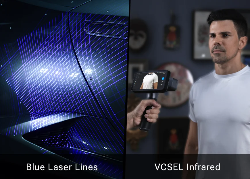 Blue laser lines projected on a car panel and the EinScan Rigil scanning a person with VCSEL infrared.