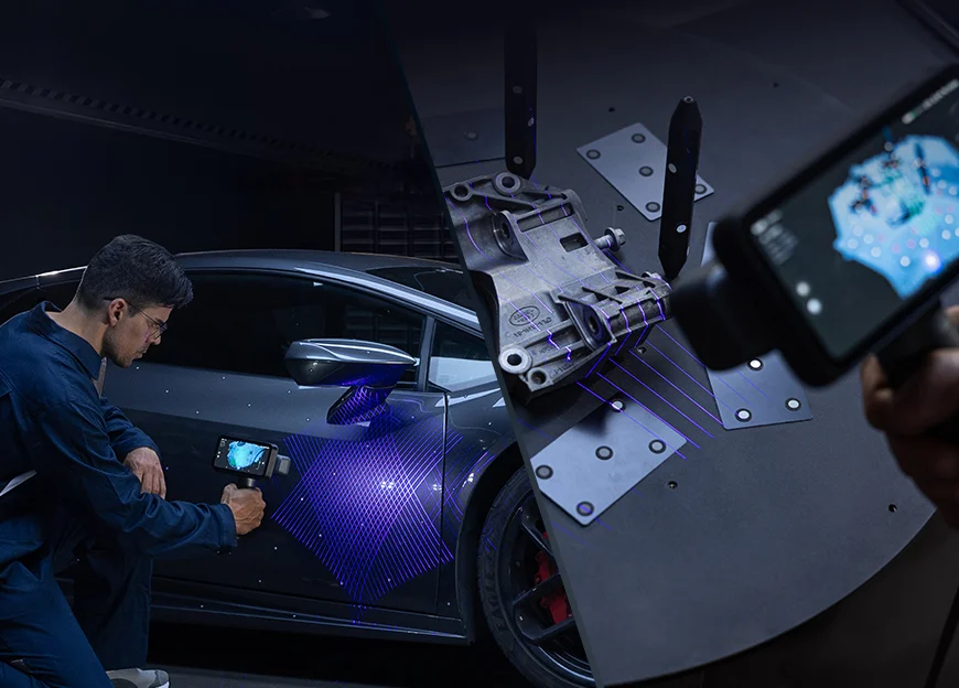 A technician scanning a car and a metal part with the EinScan Rigil using blue laser lines.
