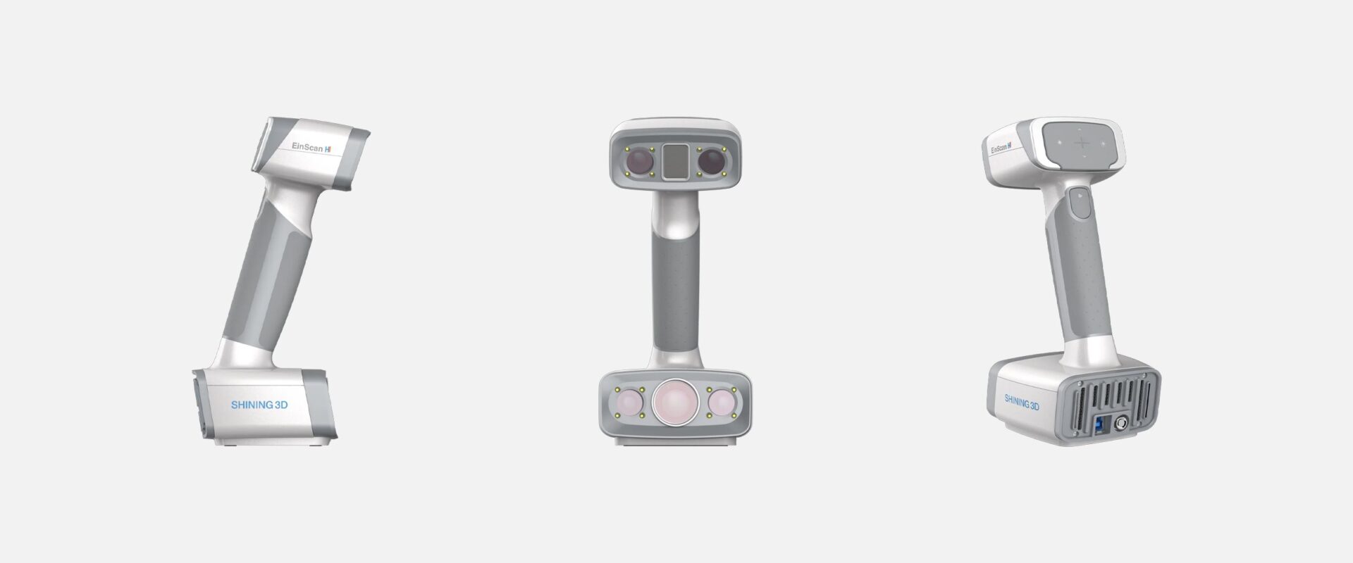 Three product views of the EinScan H2 3D scanner displayed side-by-side on a light grey background.