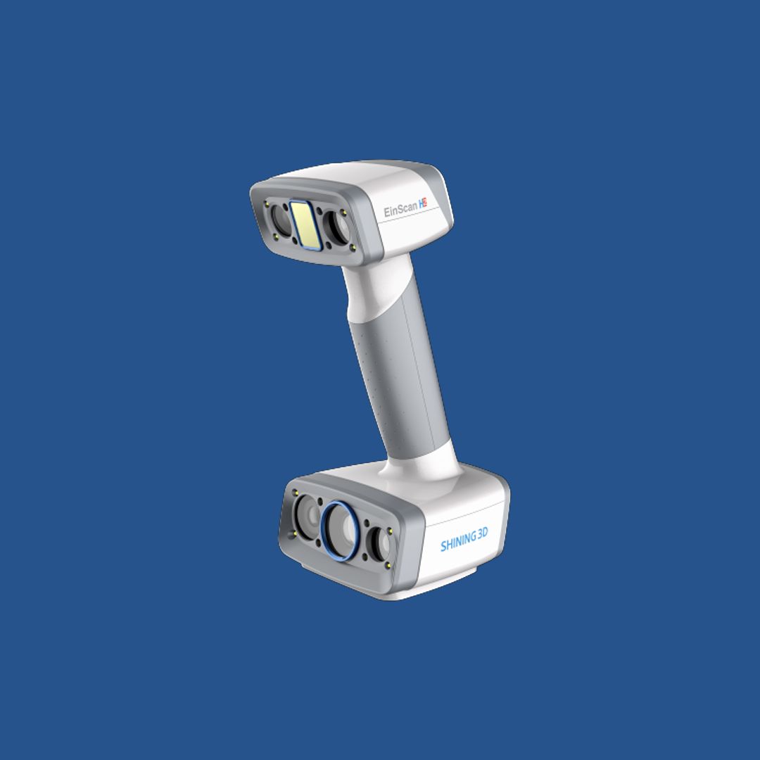 EinScan H2 handheld 3D scanner shown angled on a blue background.
