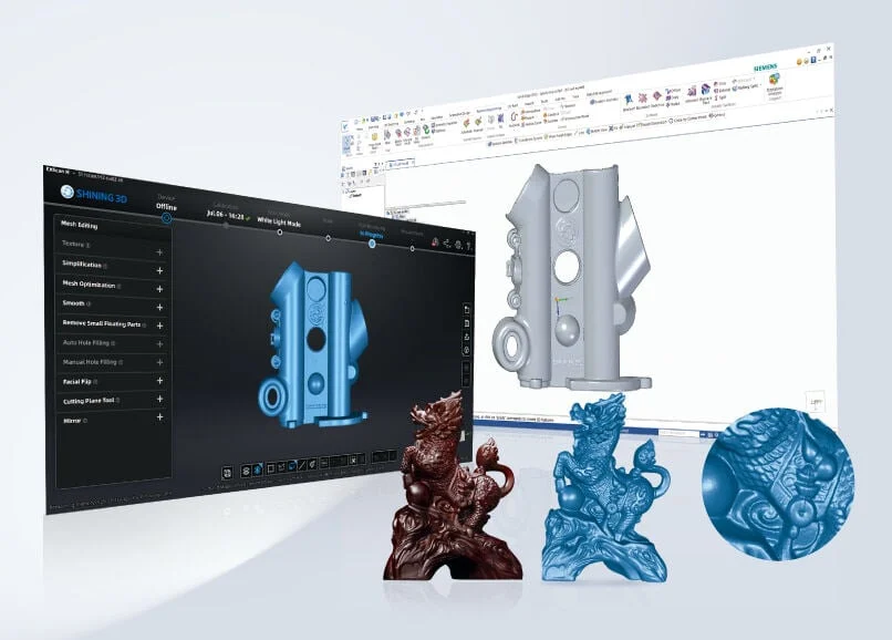 EinScan software interface showing detailed 3D mesh editing alongside examples of scanned models.