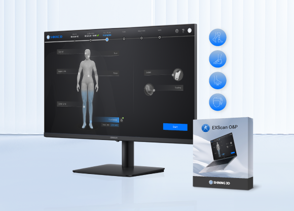 EXScan O&P software interface on a desktop monitor with icons for different body parts and a product box beside it.