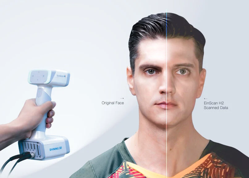 Side-by-side comparison of a real human face and EinScan H2 scanned data demonstrating photorealistic texture.