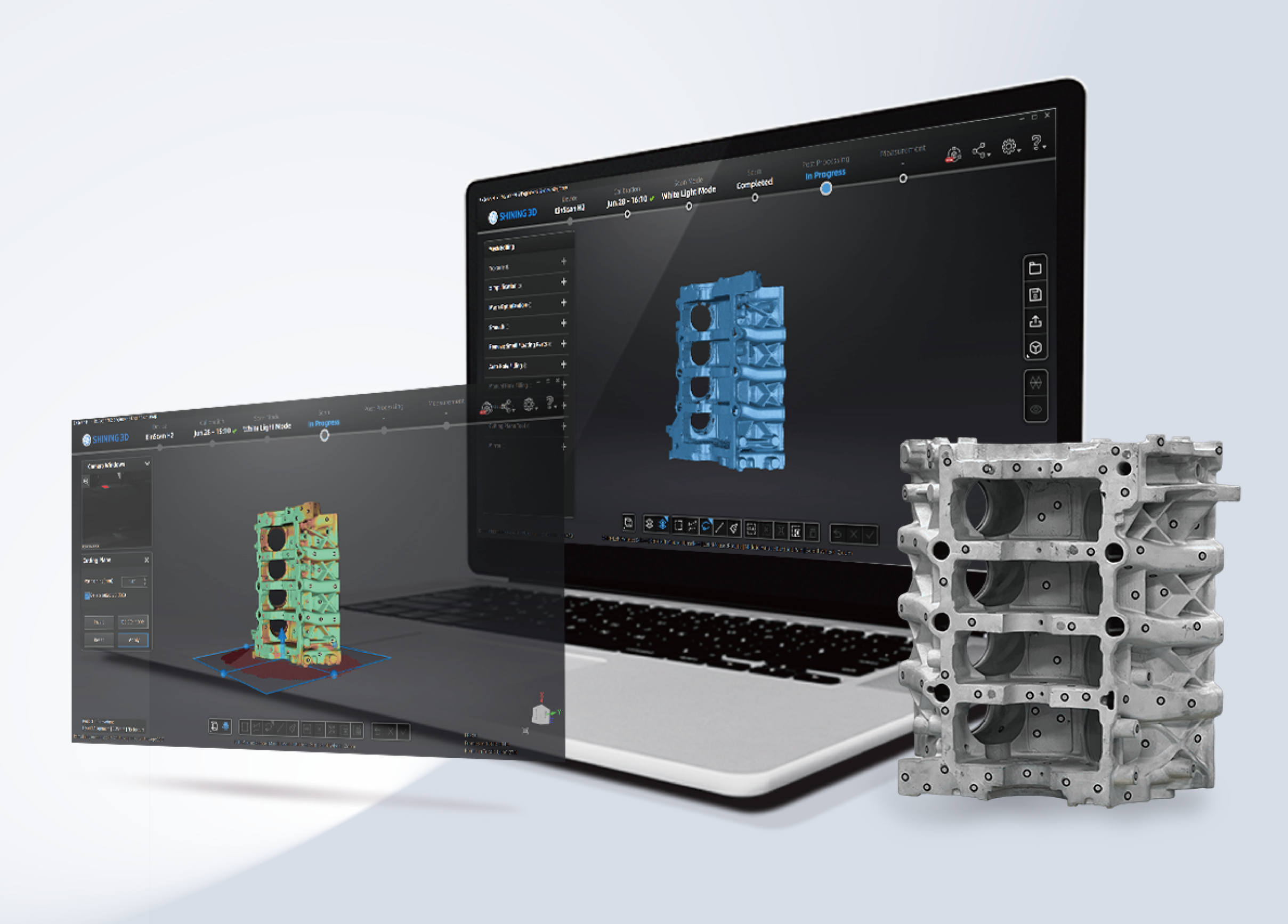 Laptop showing EinScan software processing a 3D scan of a large industrial component with the part placed beside it.
