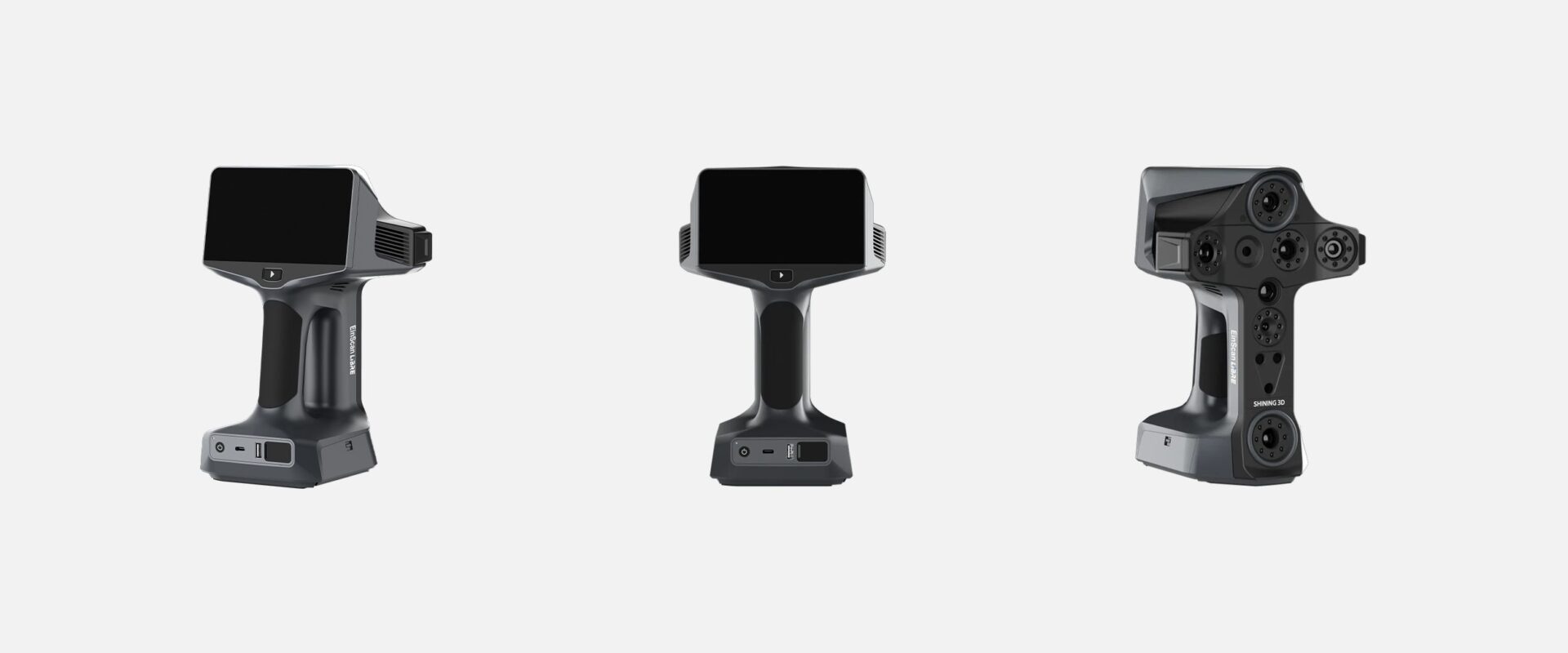 Three studio views of the EinScan Libre showing the front screen, side profile, and rear sensor layout.