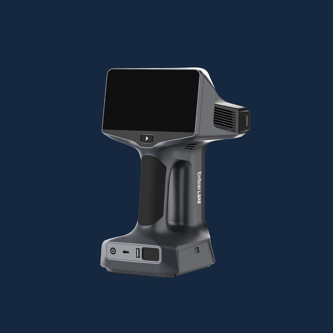 A studio product photo of the EinScan Libre handheld 3D scanner on a dark blue background.