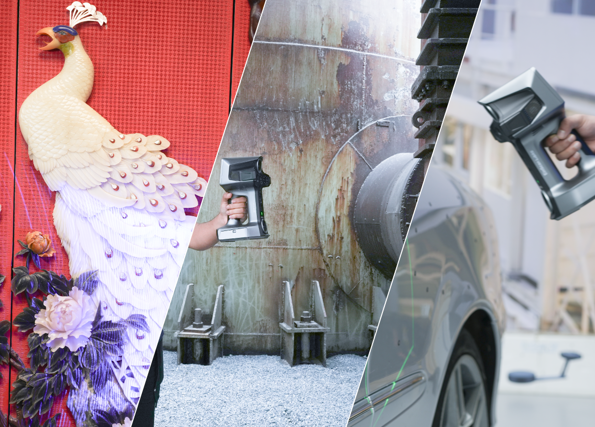 A three-panel collage showing the EinScan Libre 3D scanner used in cultural heritage, industrial, and automotive environments.