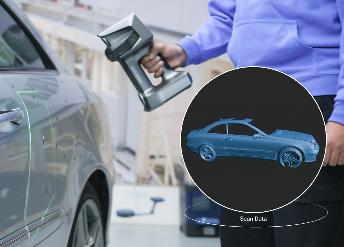 A person scans the side of a car with the EinScan Libre, with a circular overlay showing a blue 3D model of the car.