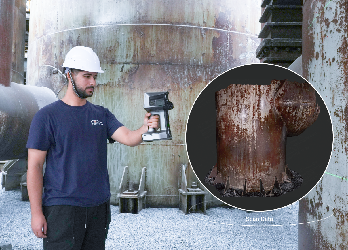 A technician scans a large rusted industrial pipe using the EinScan Libre, with a circular overlay showing a 3D model of the pipe section.