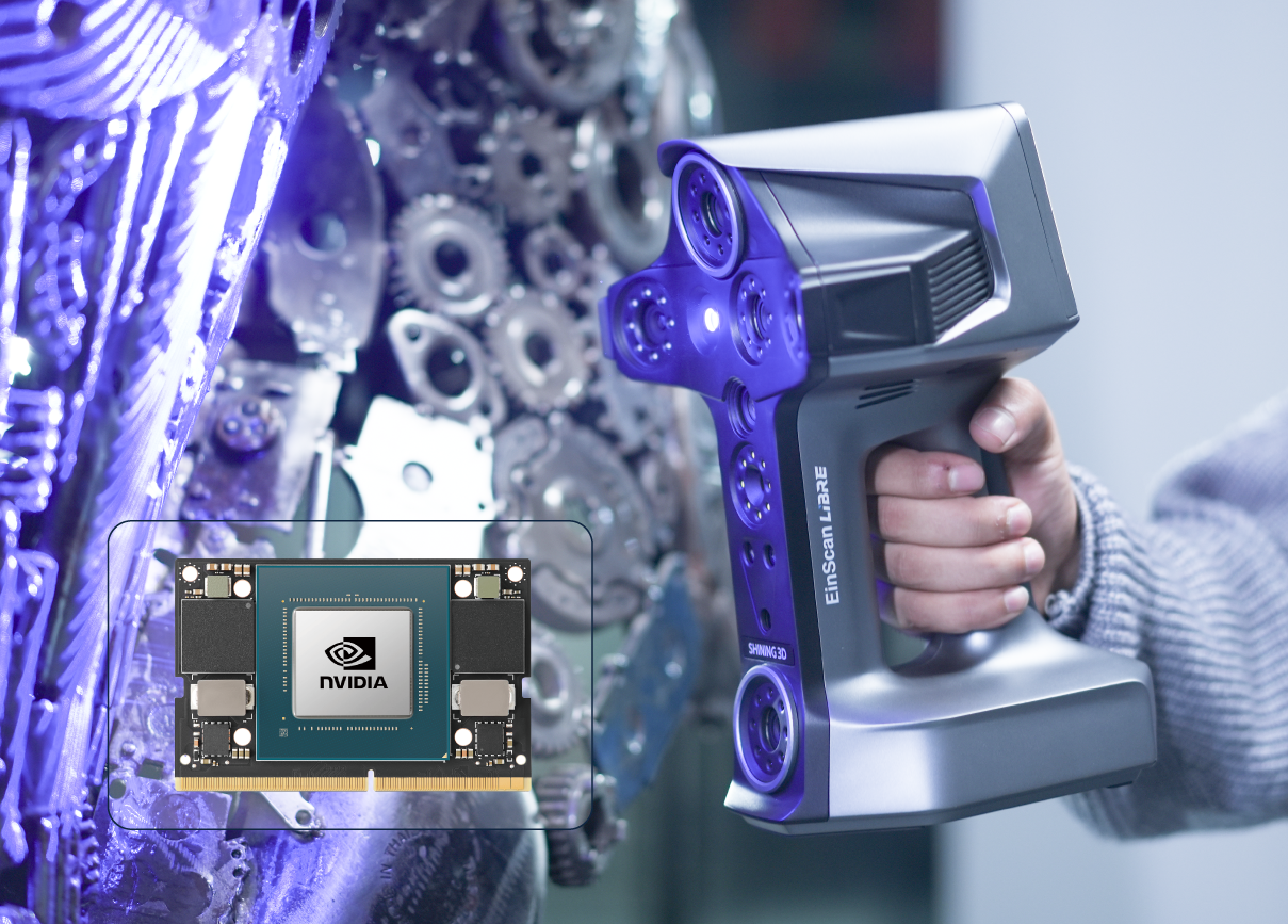 The EinScan Libre scans a metallic mechanical sculpture, with an overlay showing the scanner’s NVIDIA processing module.
