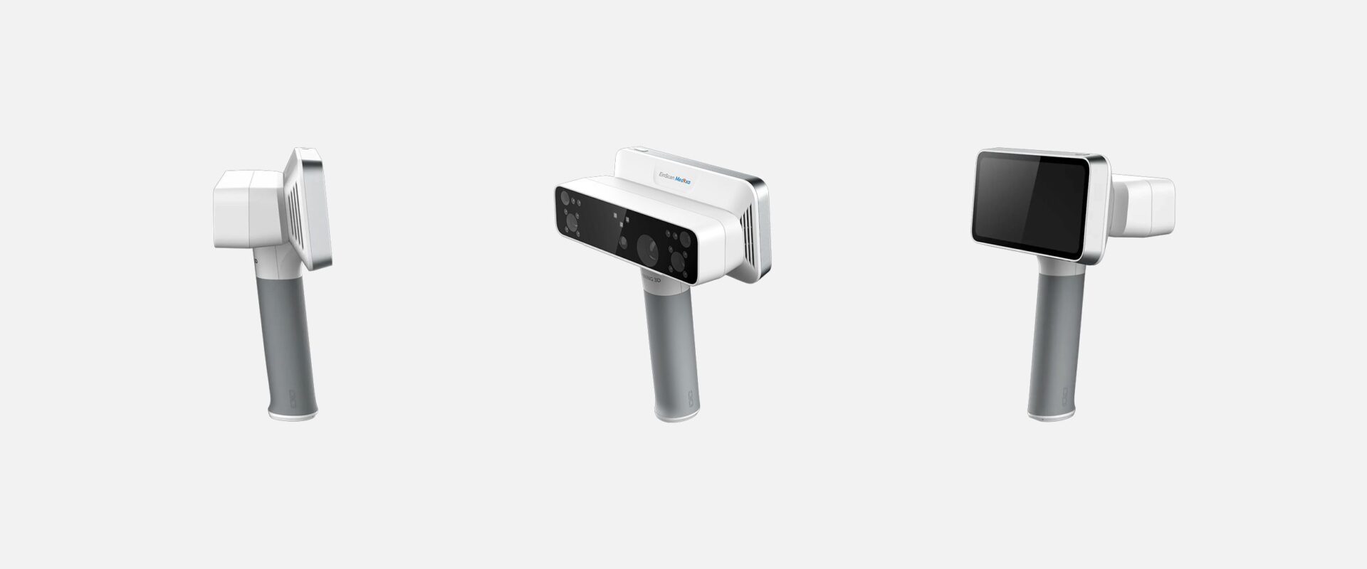Three-angle product display of the EinScan Medixa 3D scanner on a light grey background, showing front, side and rear touchscreen views.