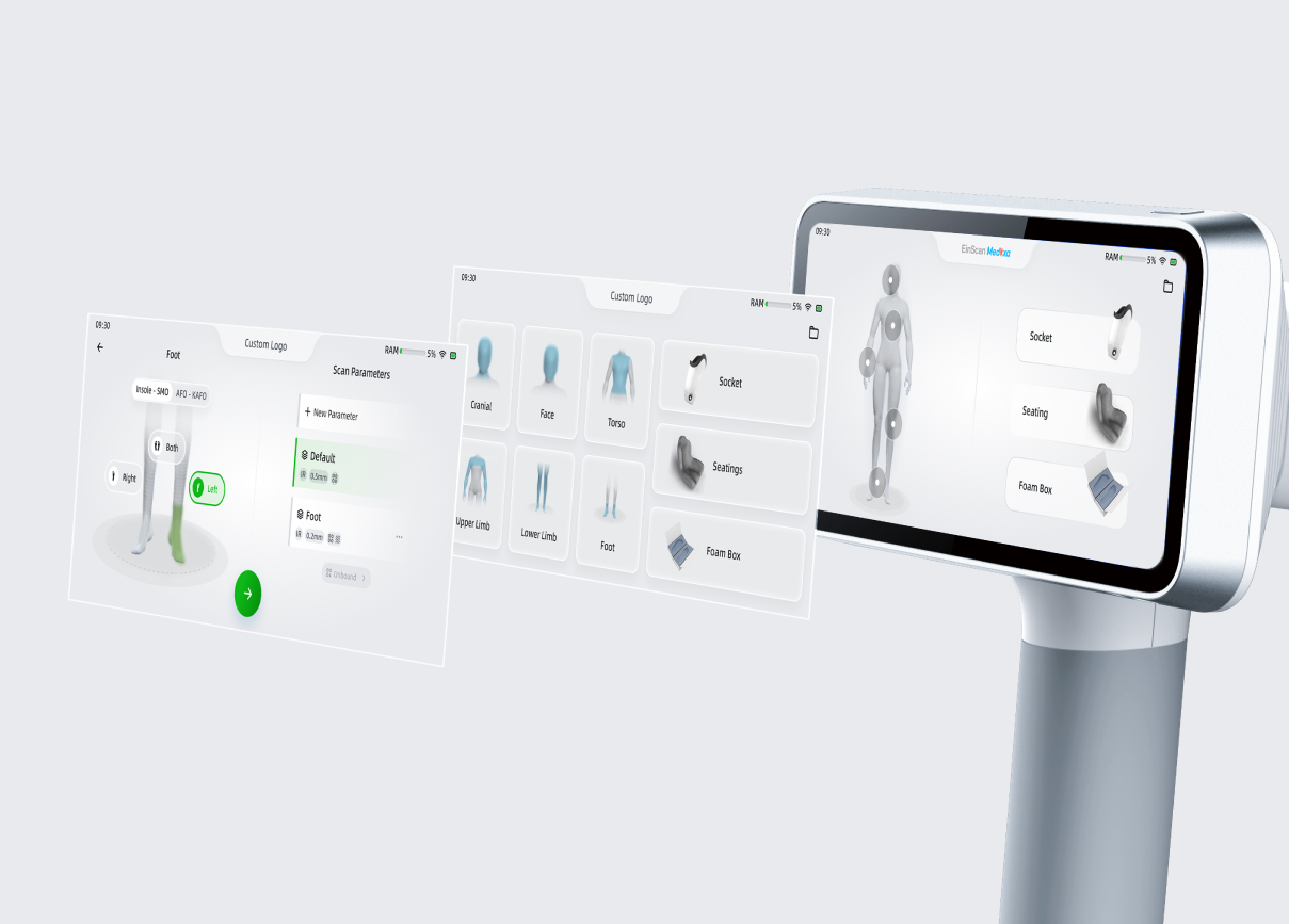 The EinScan Medixa interface displays selectable scan presets for different body parts, including cranial, face, torso, limbs, foot, seating and socket.
