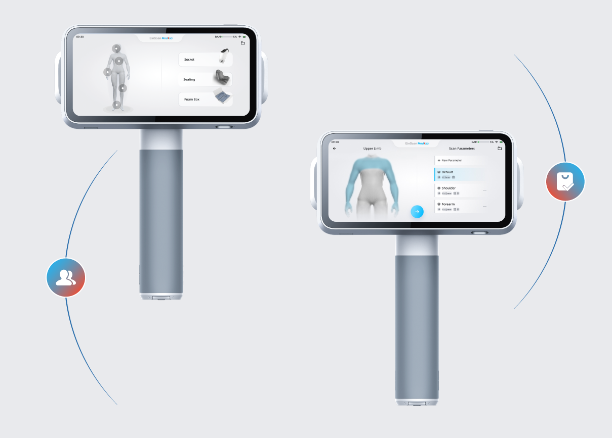 Two EinScan Medixa devices display preset selection and upper-limb scanning parameters on their touchscreens.