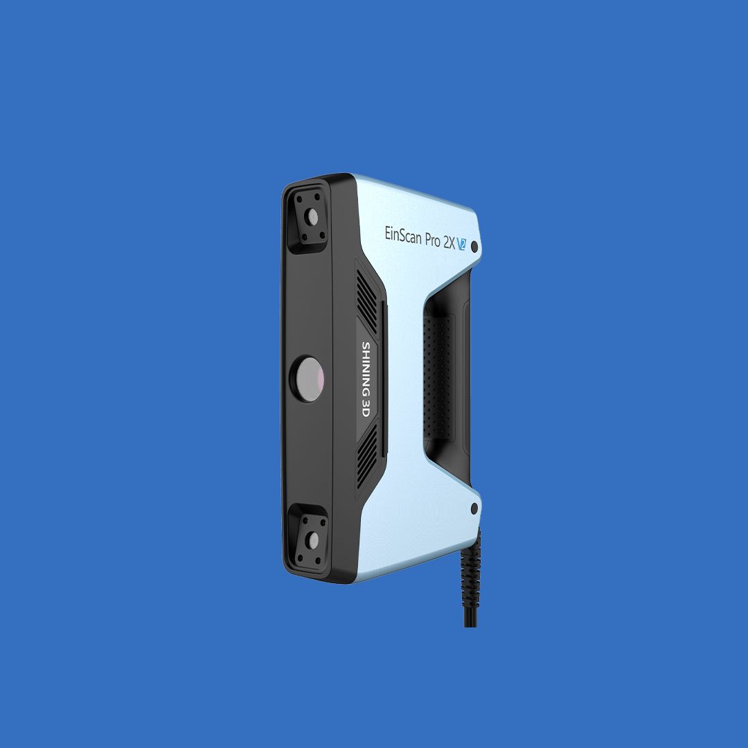 EinScan Pro 2X V2 handheld 3D scanner on a blue background, showing its compact, ergonomic design.