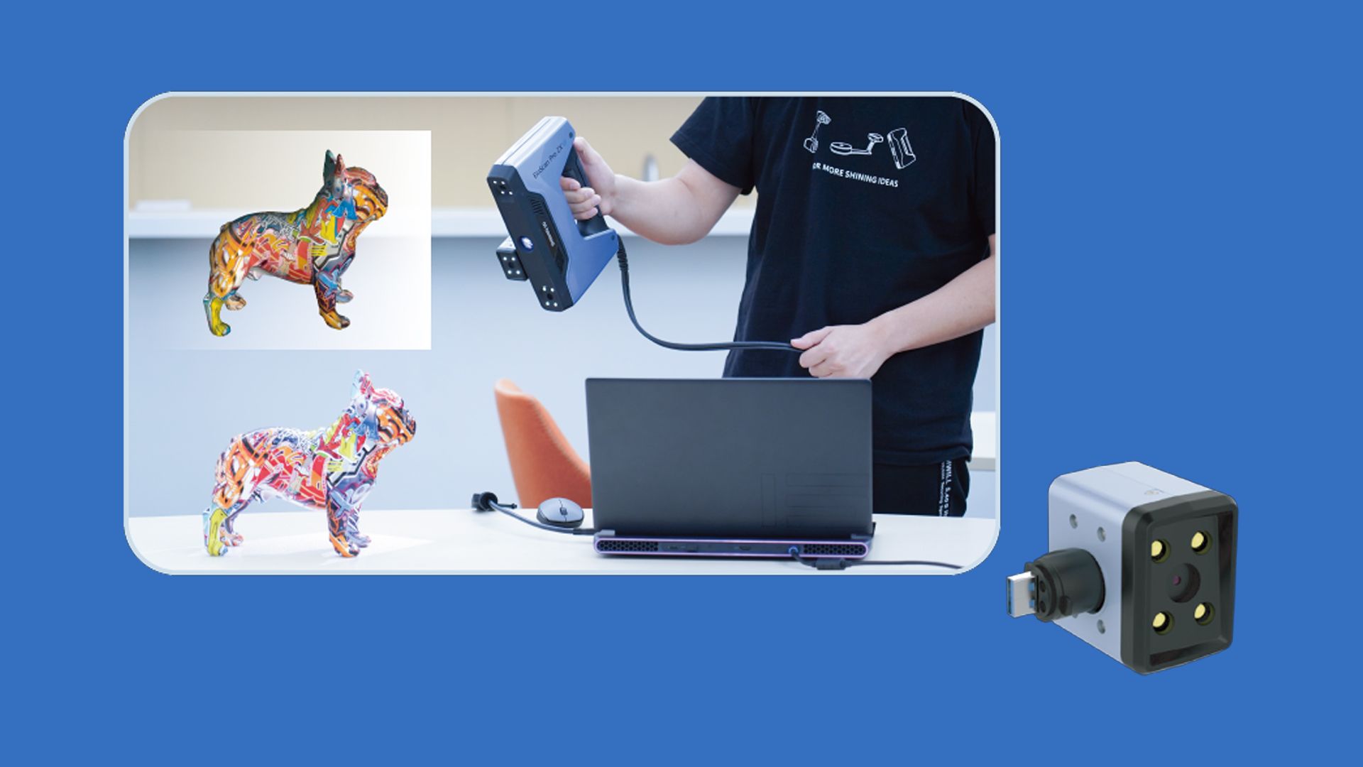 A person uses the EinScan Pro 2X V2 handheld 3D scanner to capture a colourful bulldog statue, shown alongside the optional Color Pack module that enables full-colour texture scanning.