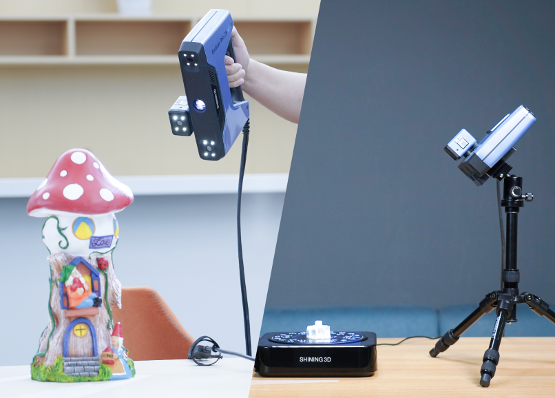 EinScan Pro 2X V2 shown in handheld scanning mode and fixed scanning mode with a turntable.