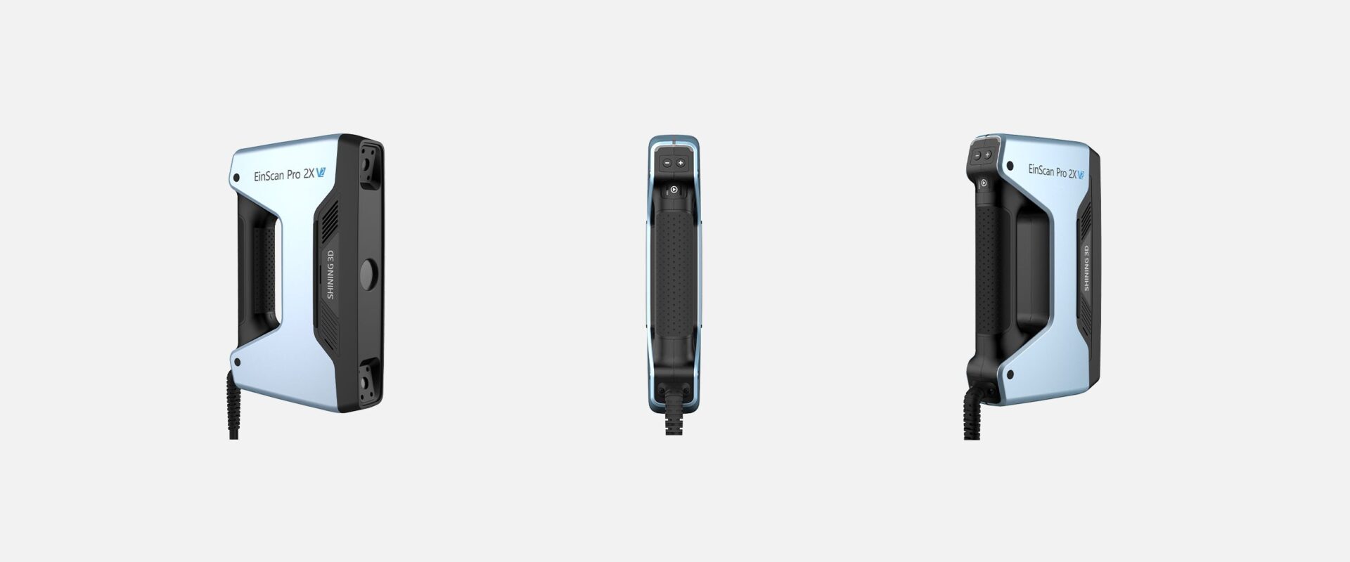 Three angled views of the EinScan Pro 2X V2 handheld 3D scanner on a light grey background.