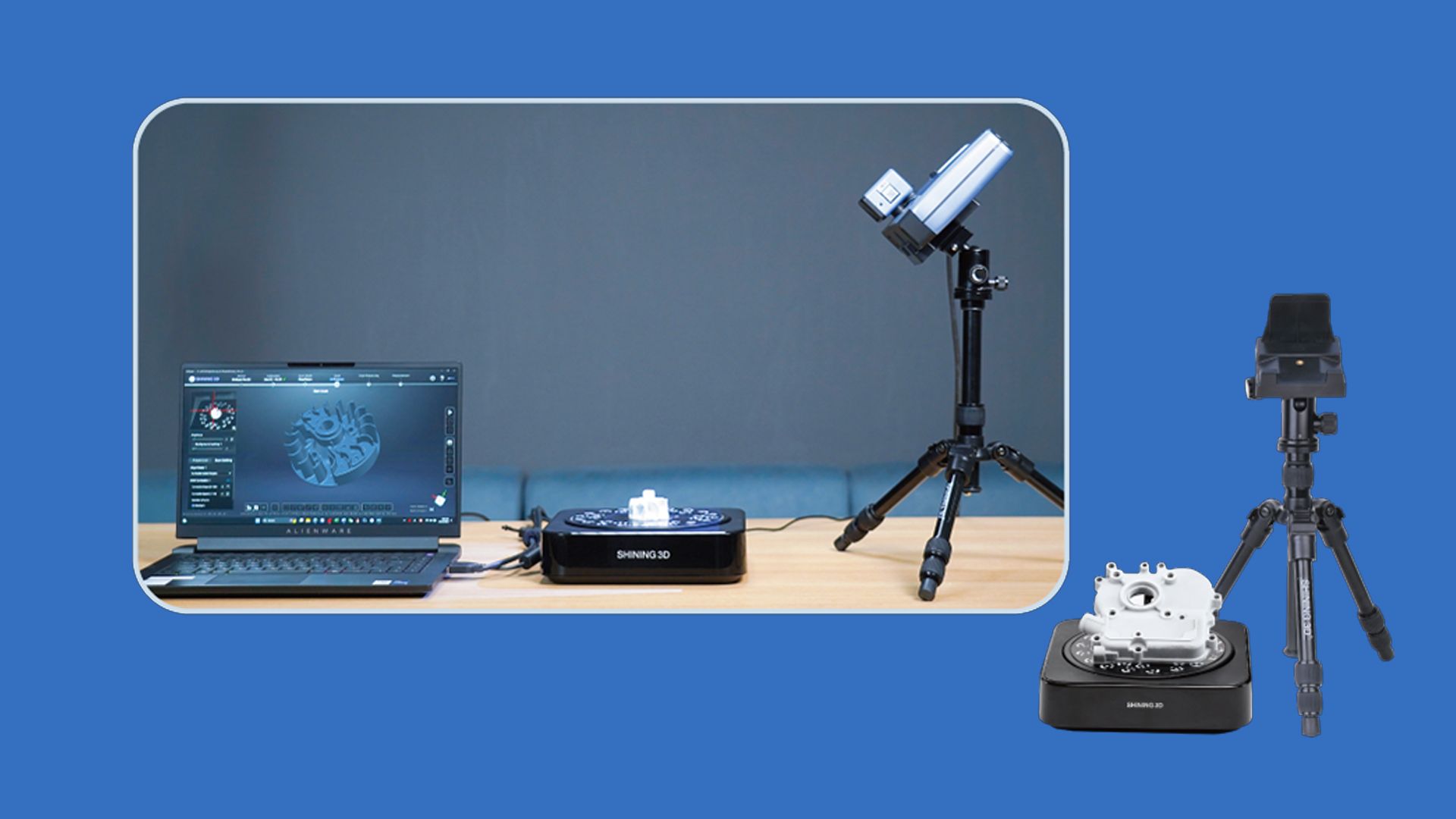 The EinScan Pro 2X V2 is shown mounted on a tripod for fixed scanning with the Industrial Pack, alongside a turntable and an example of a small mechanical part being scanned.