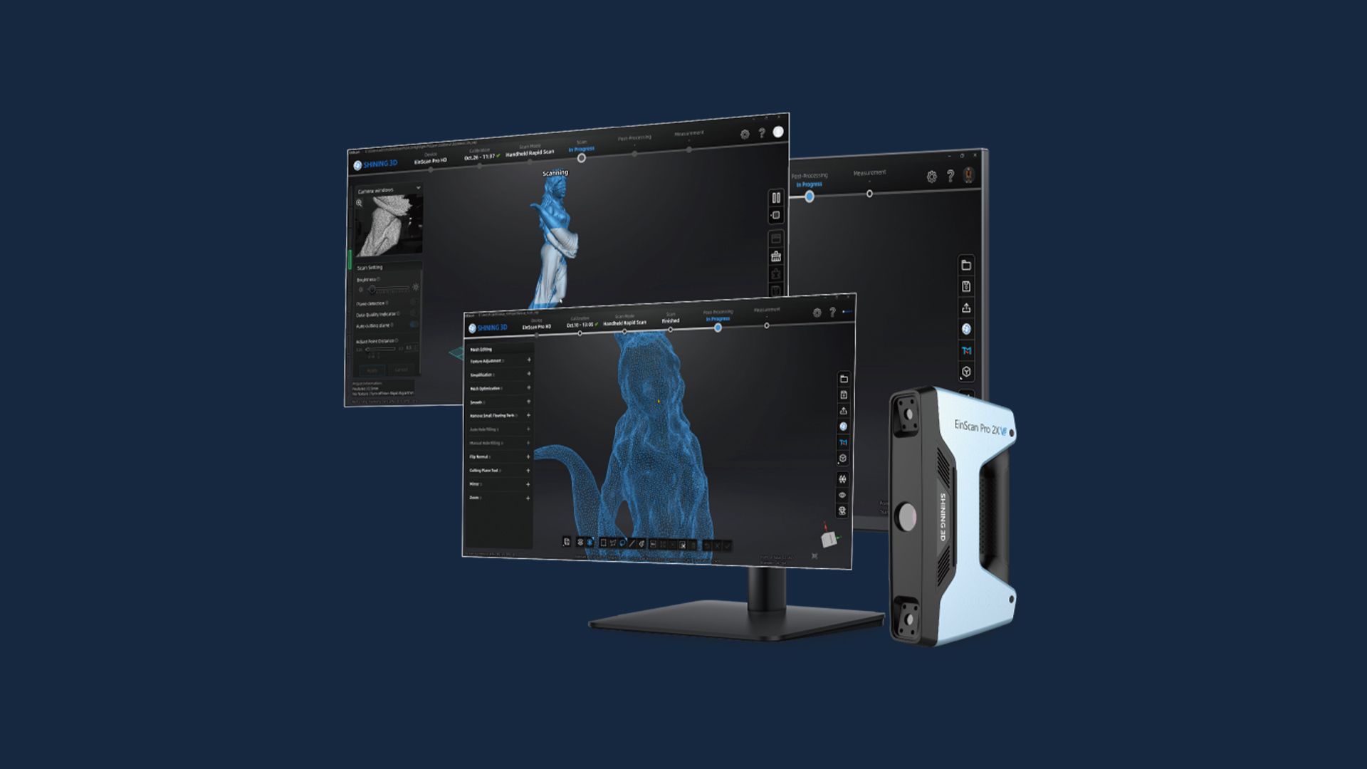 EinScan Pro 2X V2 alongside multiple monitors displaying EXScan Pro software with live scan data.