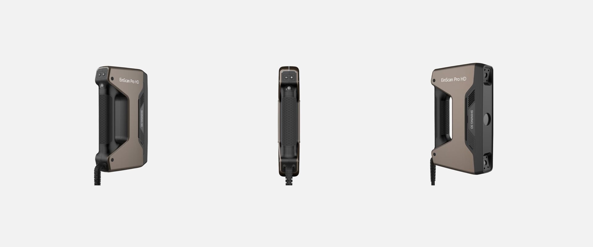 Three angled views of the EinScan Pro HD handheld 3D scanner on a light background.