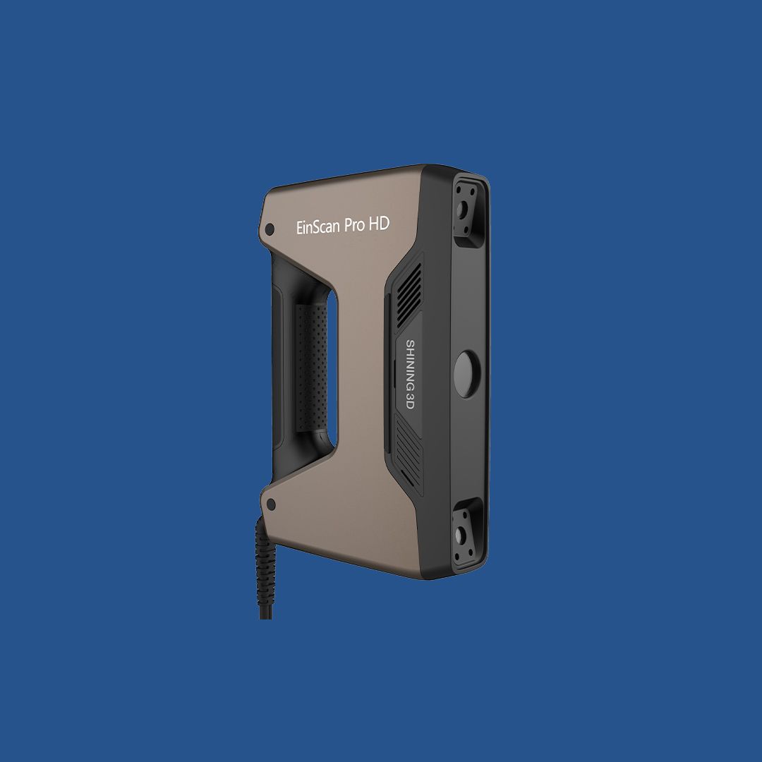 Product image of the EinScan Pro HD handheld 3D scanner against a blue background.