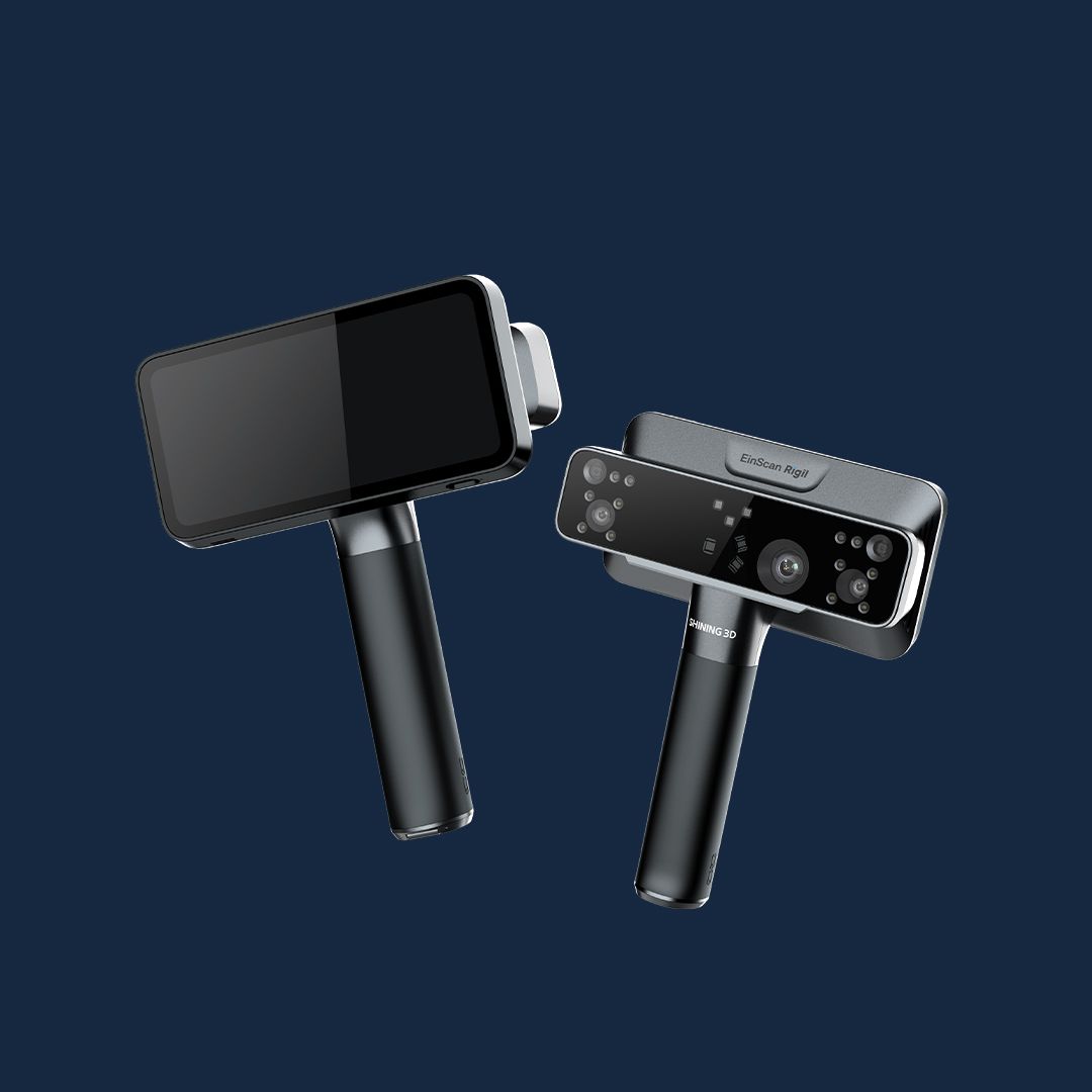 2 EinScan Rigil 3D scanners on a dark blue background. One front facing and one back facing.