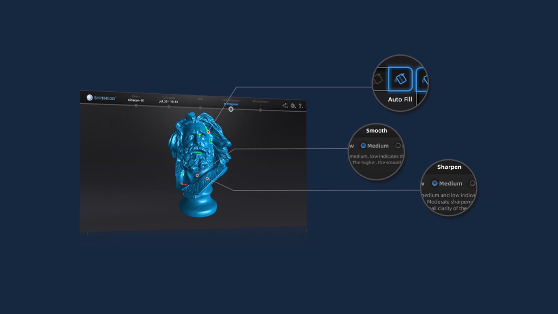 The EXScan S software interface displaying mesh editing tools such as auto fill, smoothing and sharpening for EinScan SE V2 scan data.
