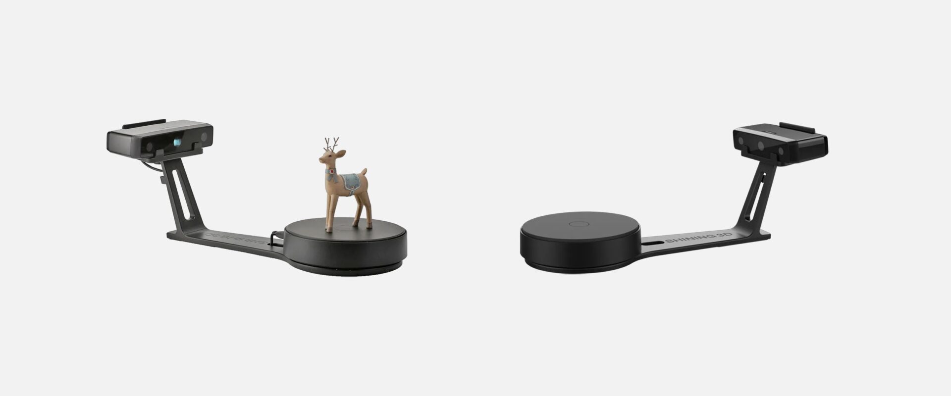 Two views of the EinScan SE V2 desktop 3D scanner and turntable, including a small deer figurine positioned for scanning.