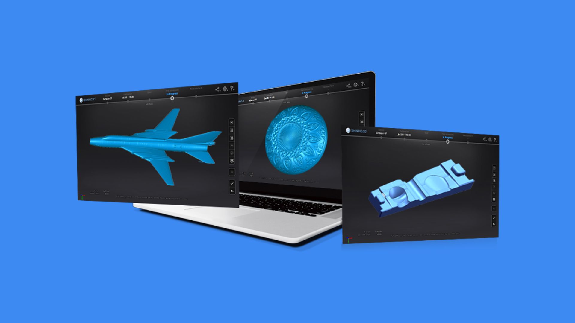 EXScan S software interface on a laptop displaying several completed 3D models, highlighting post-processing features.