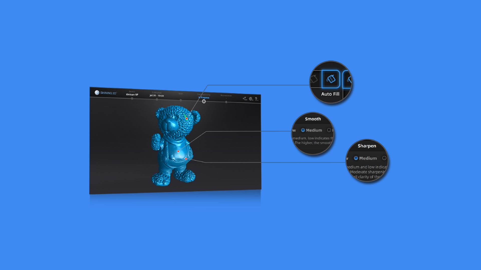 EXScan S mesh editing tools shown on a laptop with a blue 3D bear model, highlighting smoothing, sharpening, and auto-fill functions.