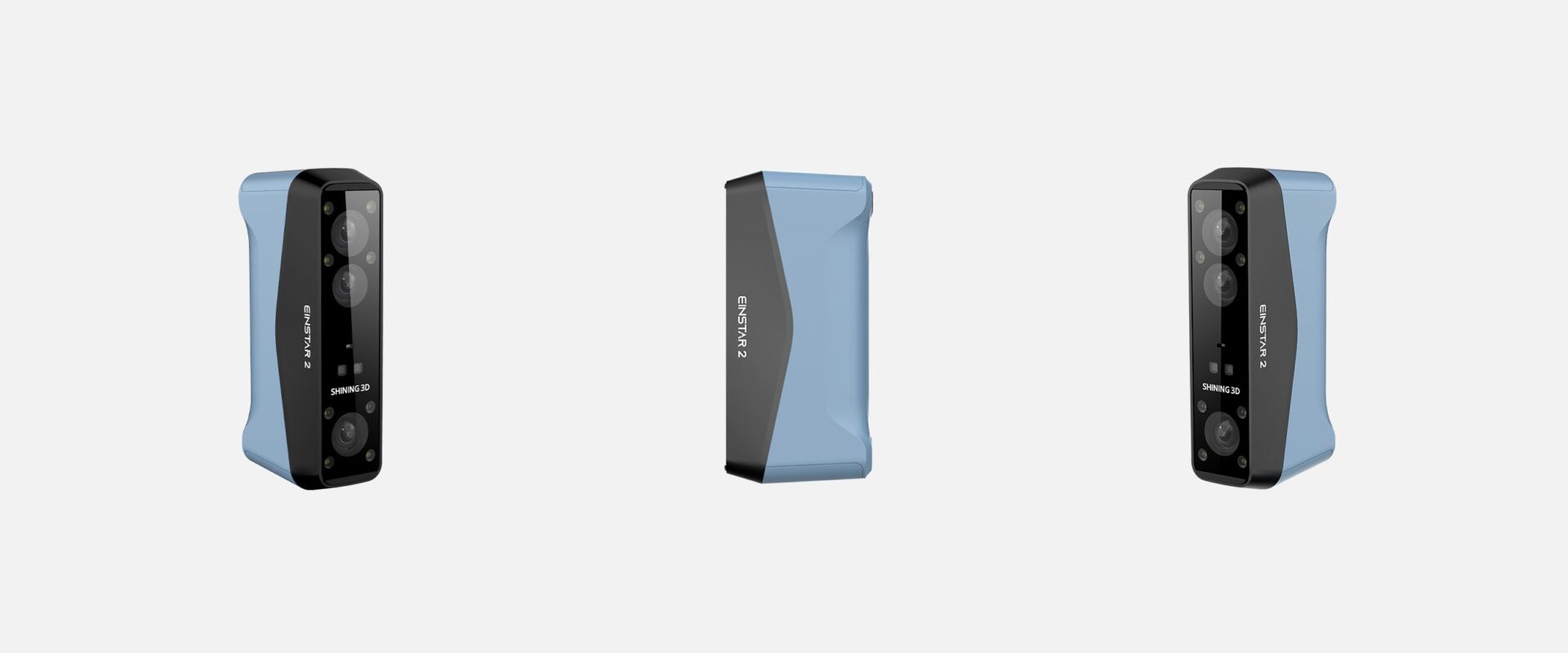 Three angled views of the EINSTAR 2 handheld 3D scanner showing the front, side, and perspective profiles.