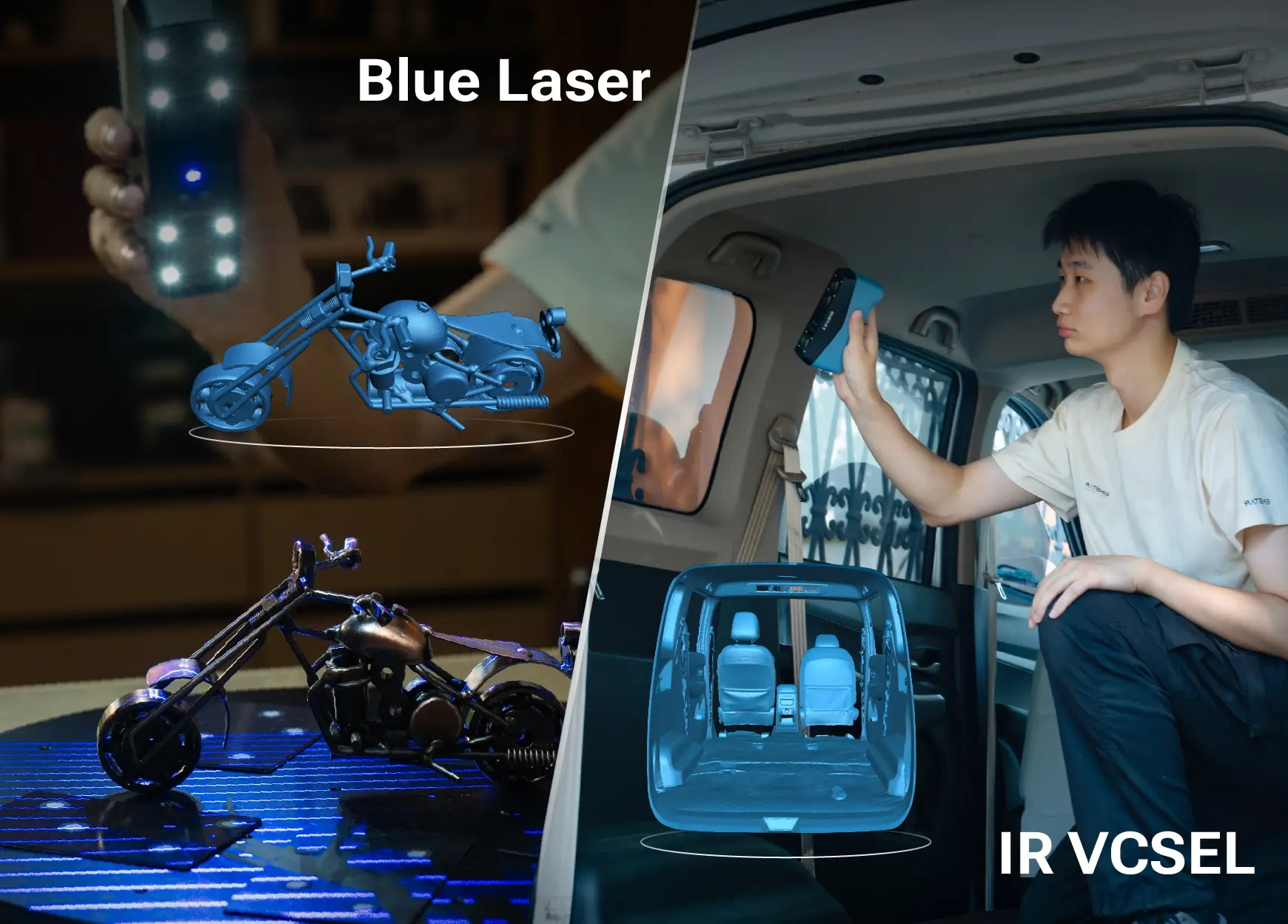 EINSTAR 2 scanning a small motorcycle model with blue laser mode, and scanning a car interior using IR VCSEL mode, showing the scanner’s dual light-source capability.