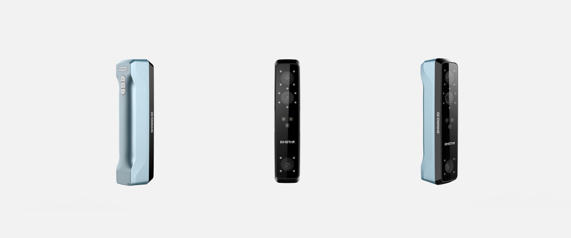 Three product views of the Einstar 3D scanner showing the front and angled side profiles against a light background.