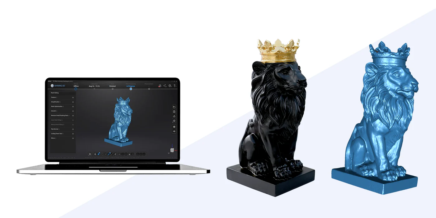 A laptop displaying a 3D model alongside a physical lion statue, showing the Einstar’s accurate colour capture.