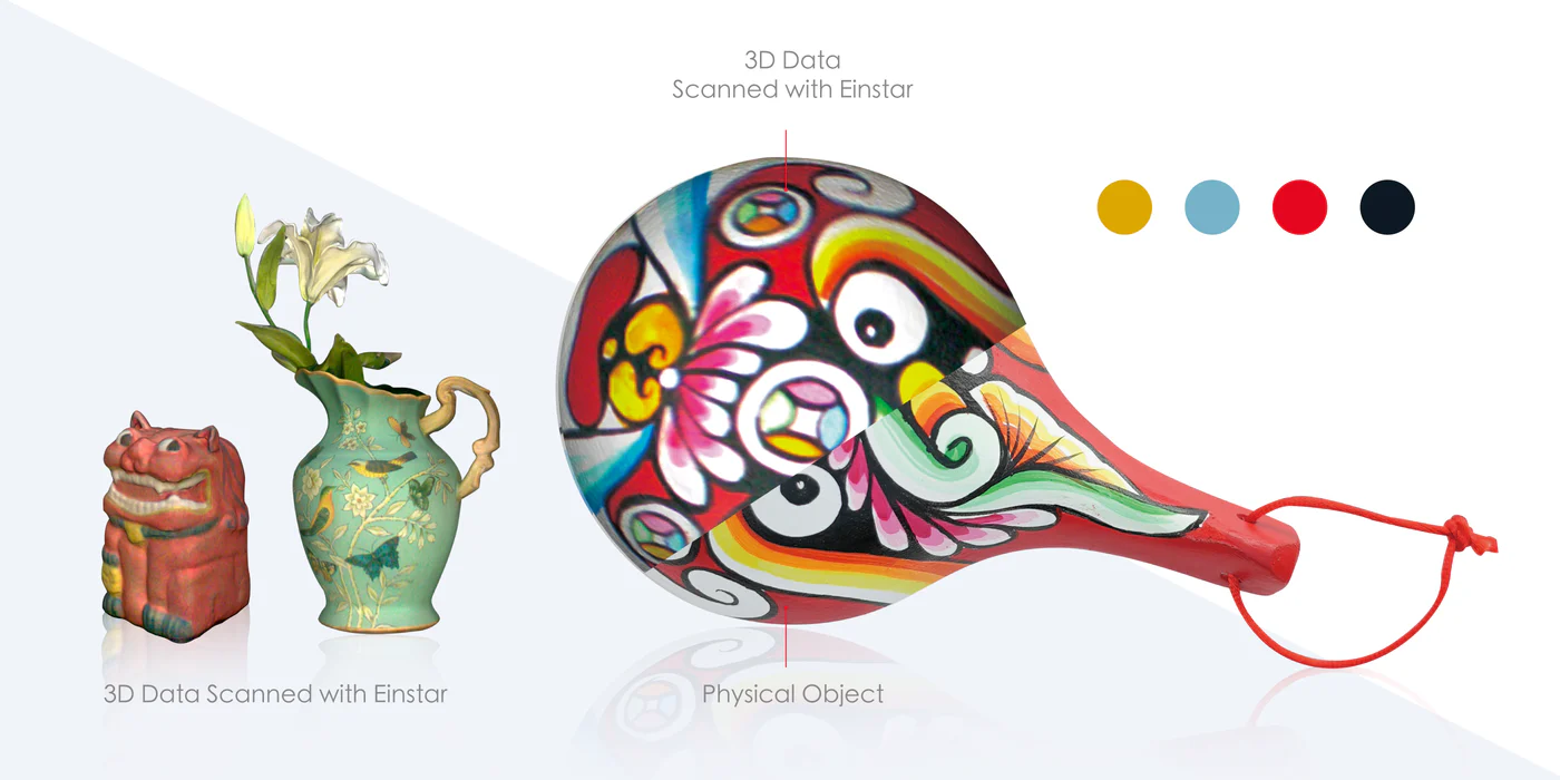 Examples of objects scanned with the Einstar displayed next to their physical counterparts, demonstrating the quality of the 3D data.