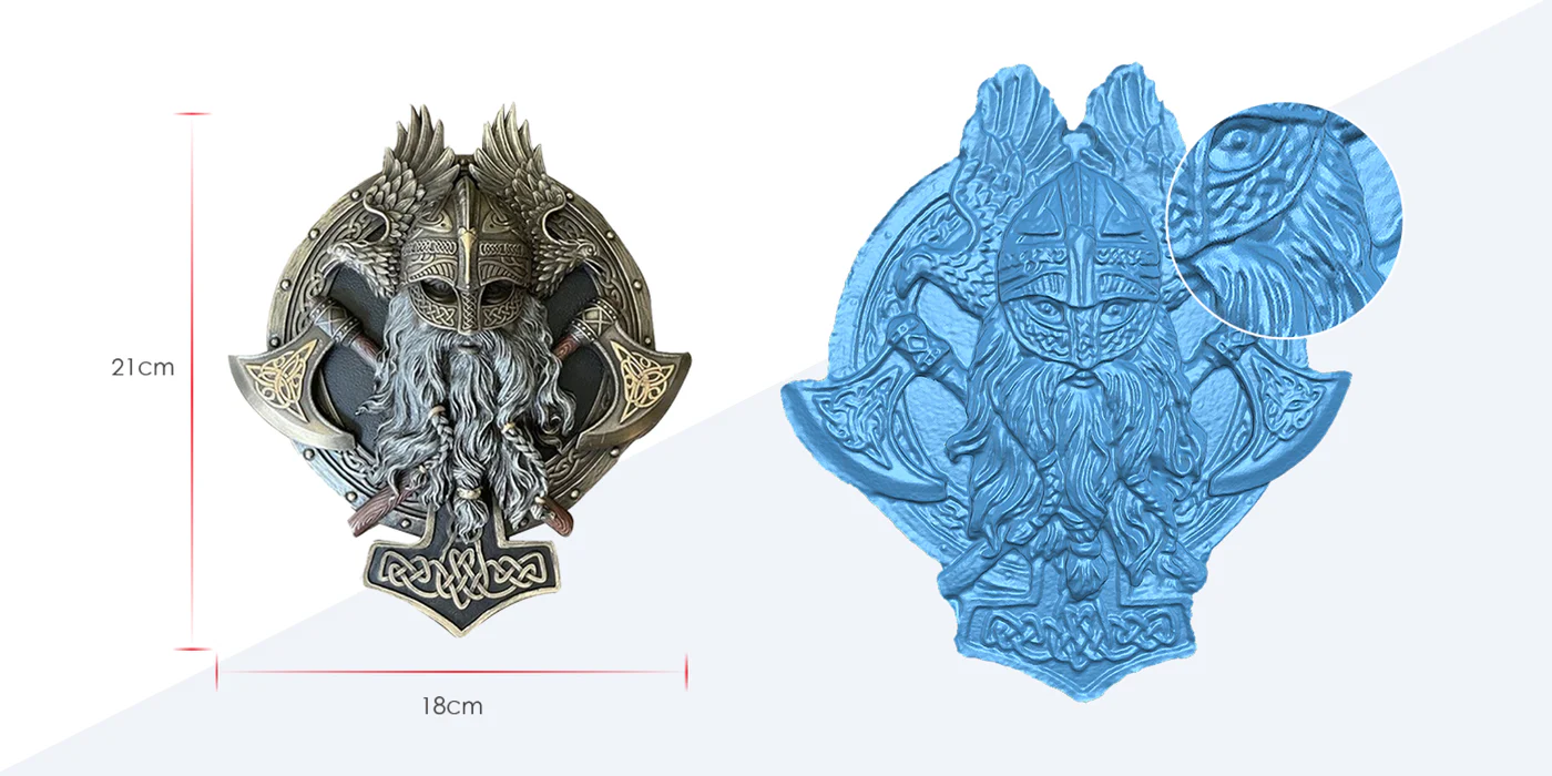 A decorative Viking wall sculpture shown beside a detailed 3D mesh captured with the Einstar.