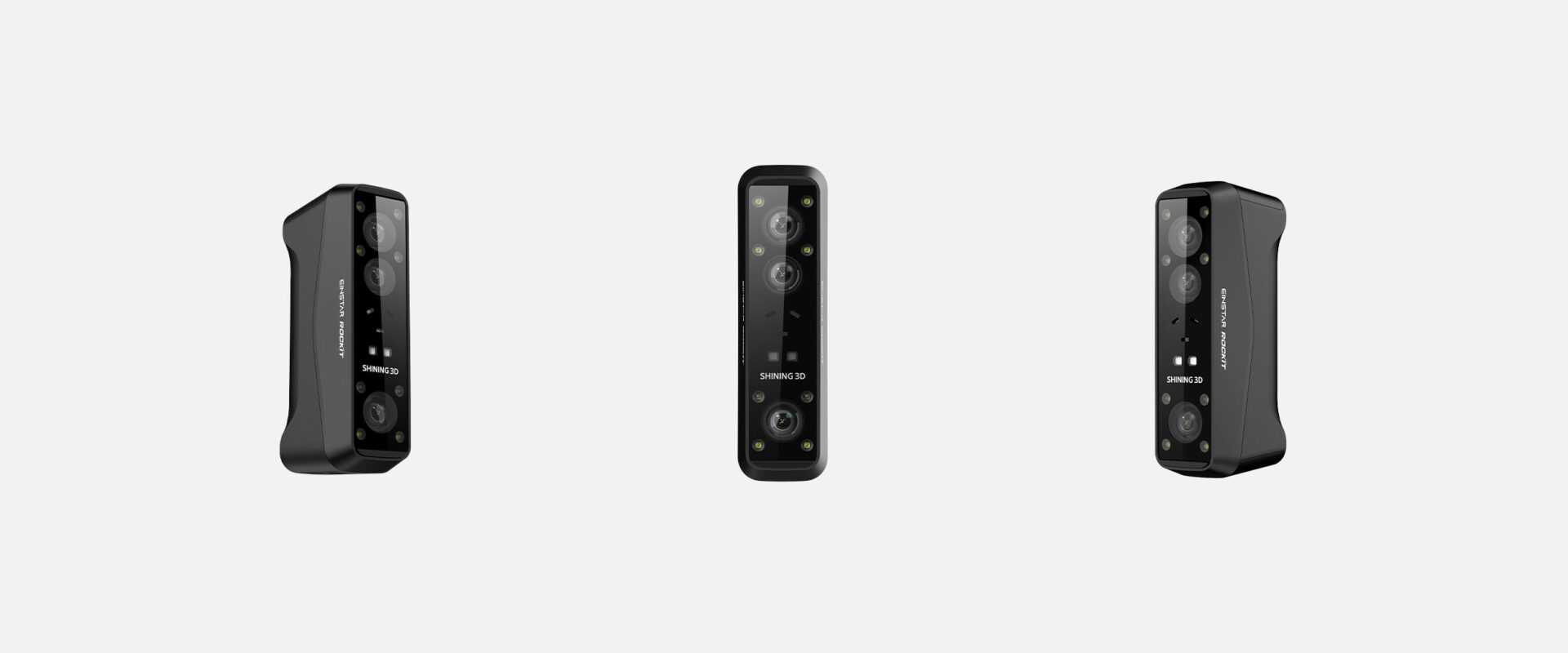 Hero product shot of the EINSTAR Rockit 3D scanner rotated at multiple angles.