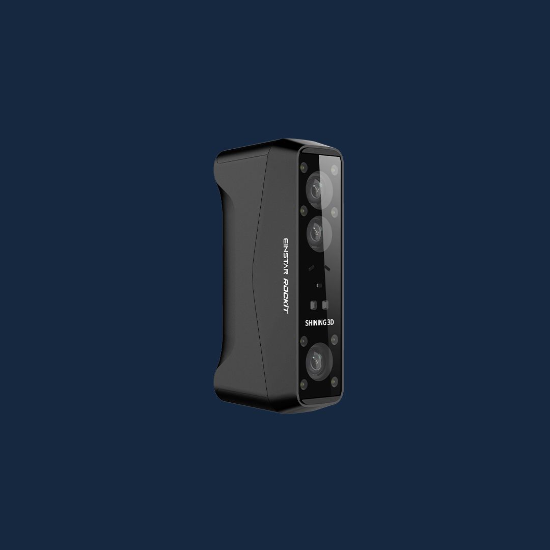 Studio image of the EINSTAR Rockit 3D scanner against a dark background.