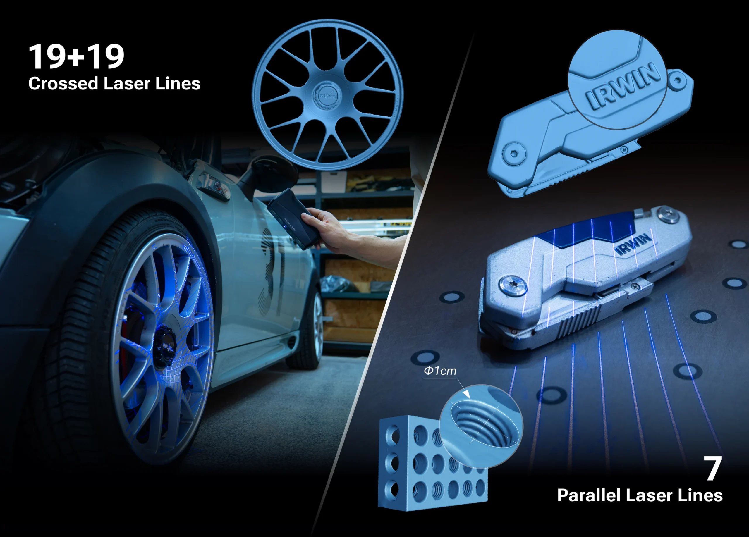 Scanning a car wheel and small tools with EINSTAR Rockit, showing 19+19 crossed blue laser lines and 7 parallel laser lines for fine-detail capture.