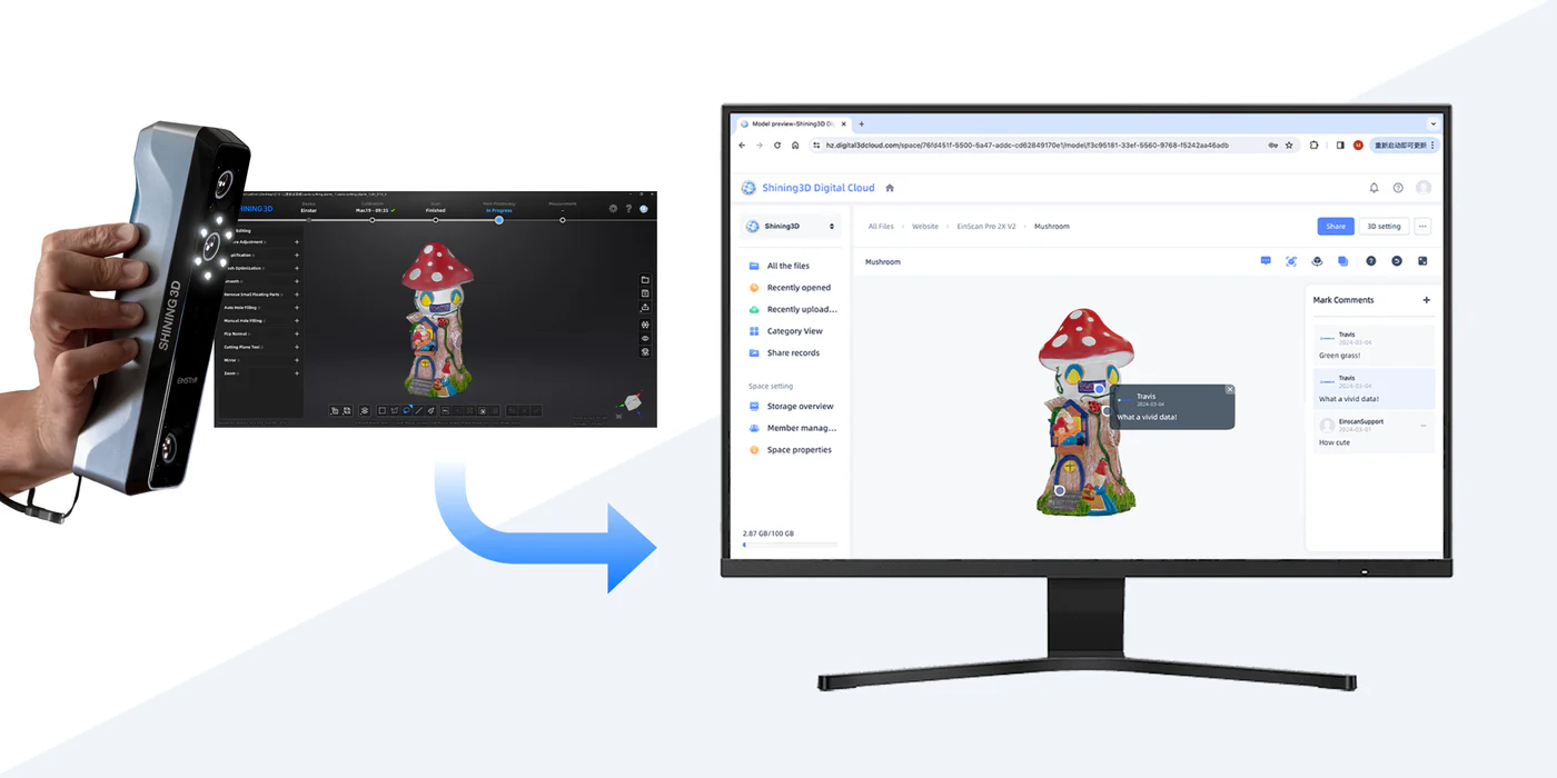 An Einstar 3D scanner and laptop showing a scanned model being uploaded and displayed in the Shining 3D digital cloud platform.