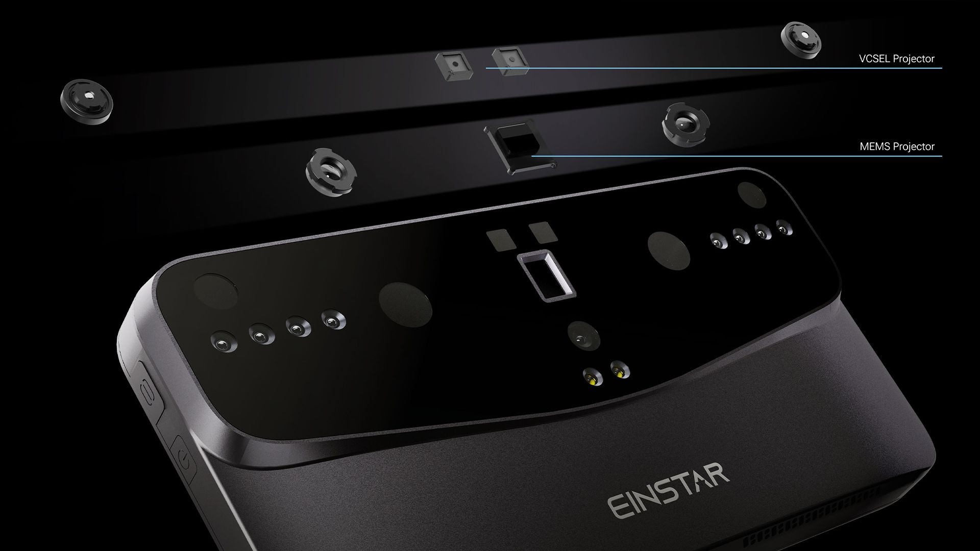 Detailed view of the EINSTAR VEGA’s front sensor array showing its VCSEL and MEMS projectors used for dual-mode 3D scanning.