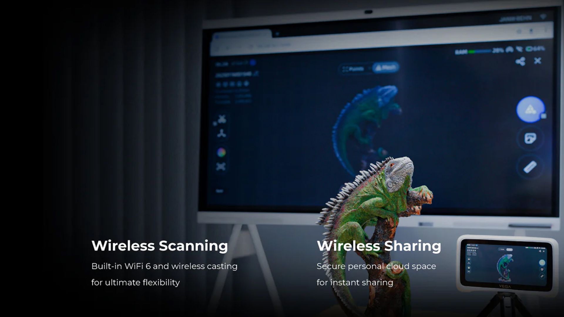 Close-up of the EINSTAR VEGA scanning a small iguana model, with the live 3D capture displayed wirelessly on a large monitor in the background.