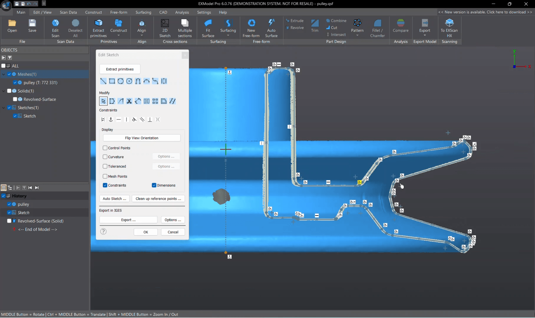 EXModel software showing a constrained 2D sketch with profiles, dimensions, and editing options on a blue mechanical part.