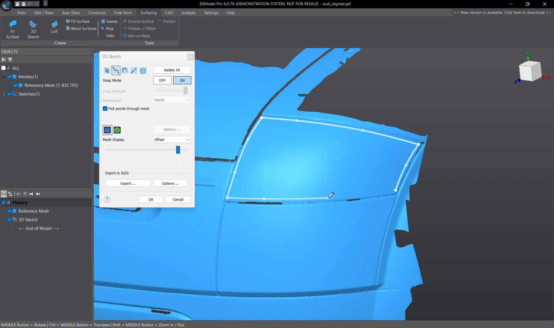 EXModel interface displaying 3D sketch curves snapped onto a blue car door mesh using the snap-to-mesh tool.