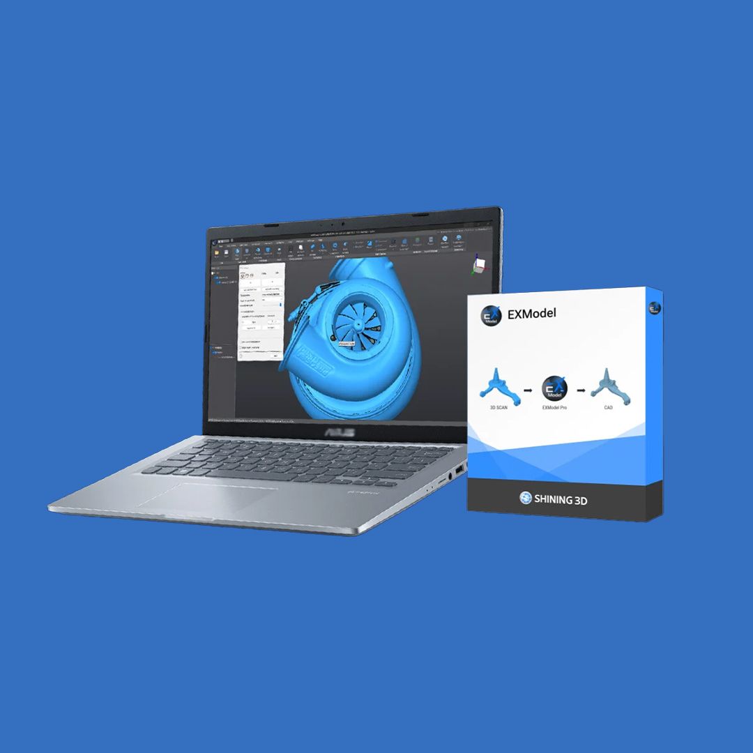 Laptop displaying EXModel software with a turbocharger model, shown next to the EXModel software product box.