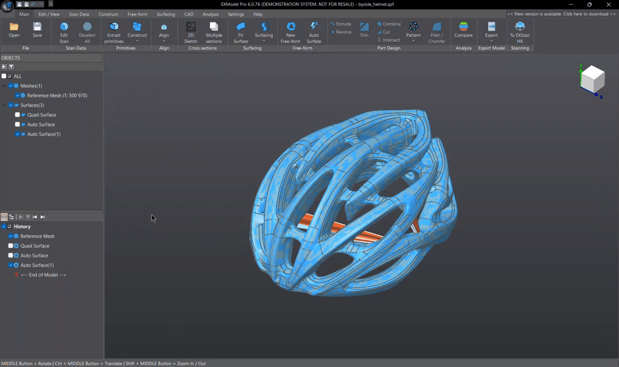 EXModel Pro showing free-form surfacing and quad mesh reconstruction on a complex bicycle helmet scan.