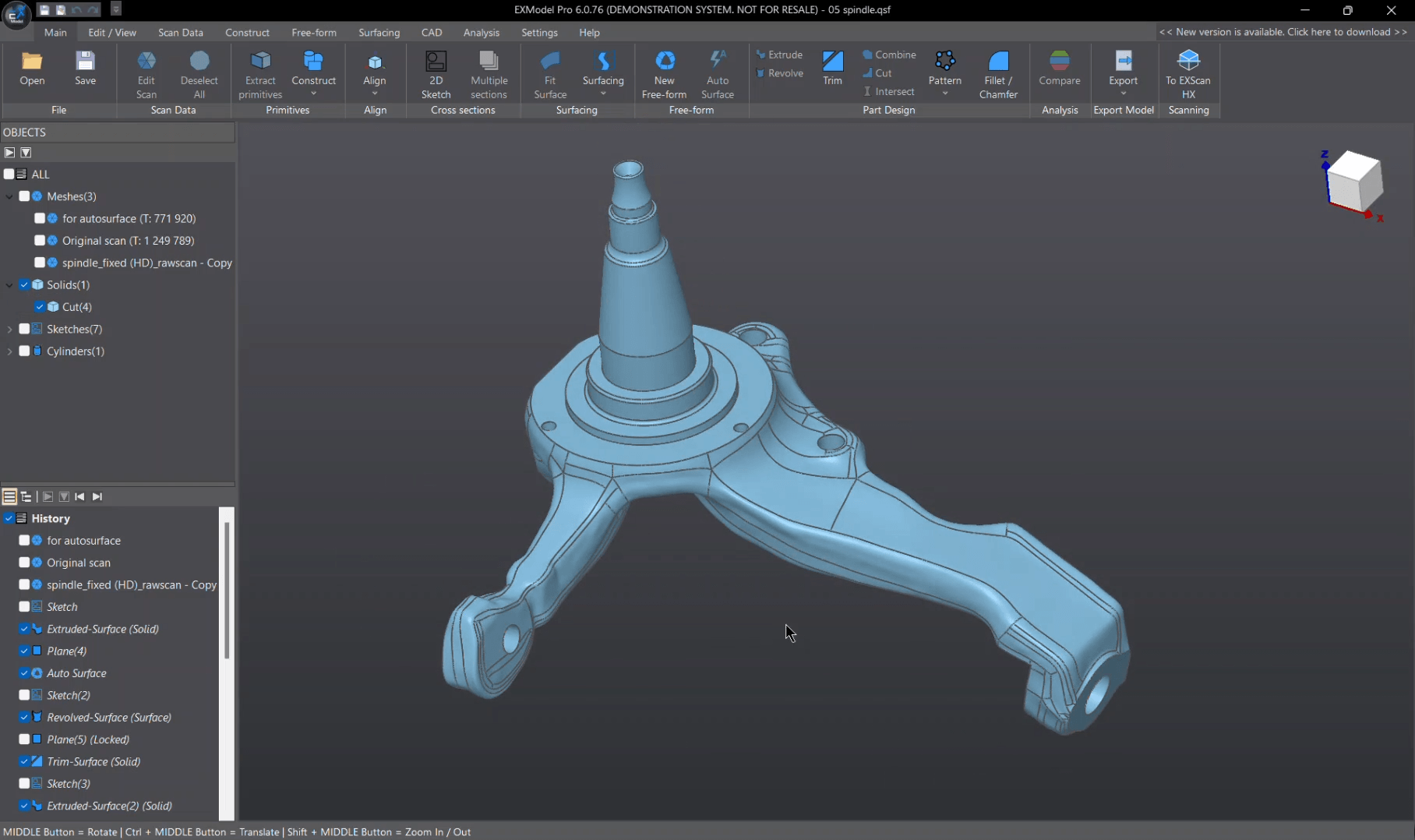 EXModel Pro workspace with a fully reconstructed mechanical component combining free-form and parametric surfaces.