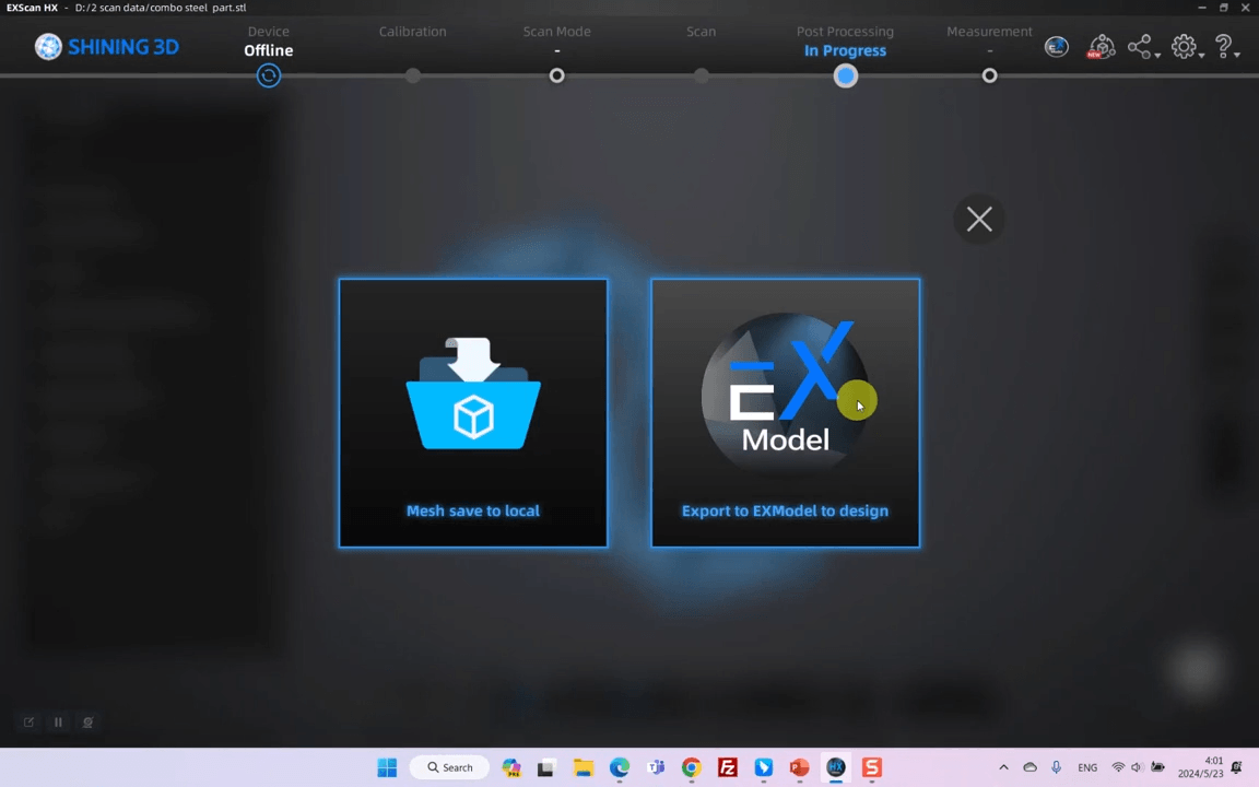EXScan software screen offering the option to export the completed mesh directly into EXModel for CAD design.