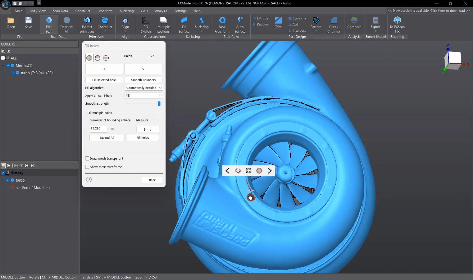 EXModel mesh editing panel with hole-filling and smoothing tools applied to a turbocharger scan.